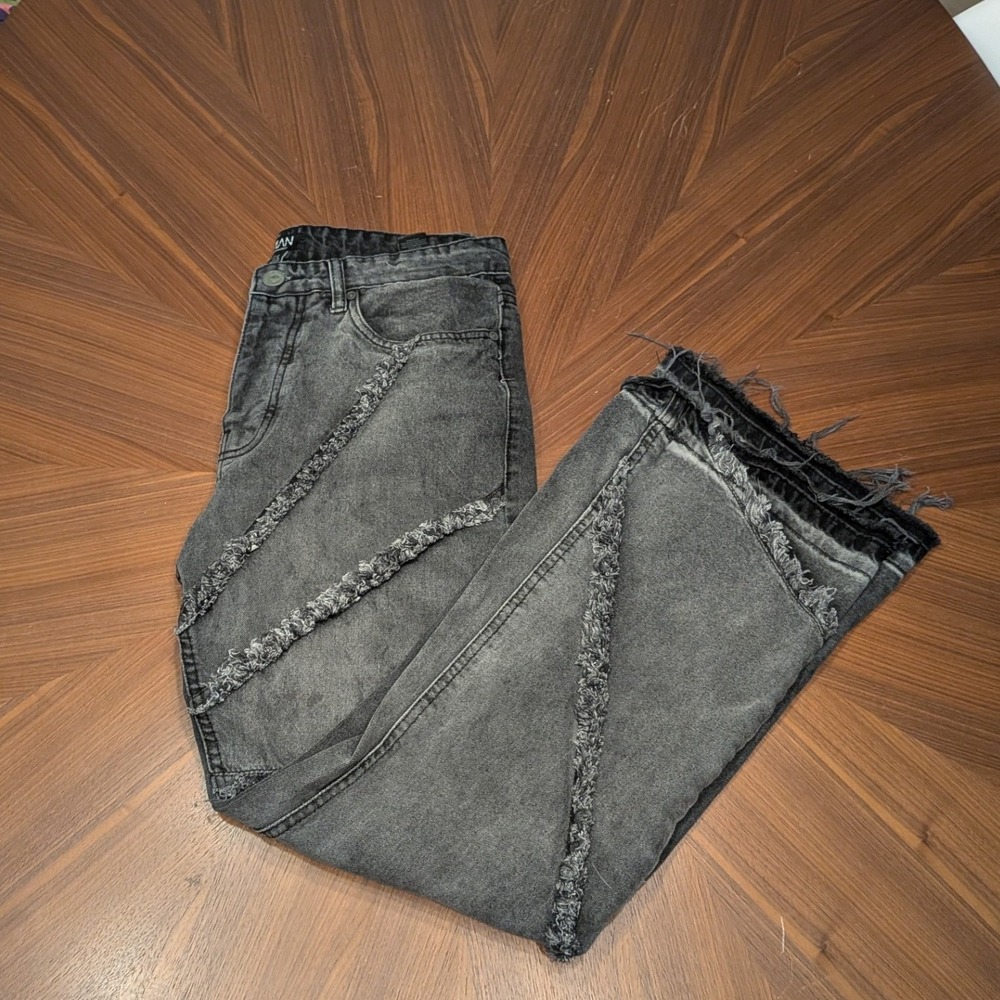 BoohooMAN Jeans Mens 30 Black Excellent Frayed Paneled Distressed Straight Leg